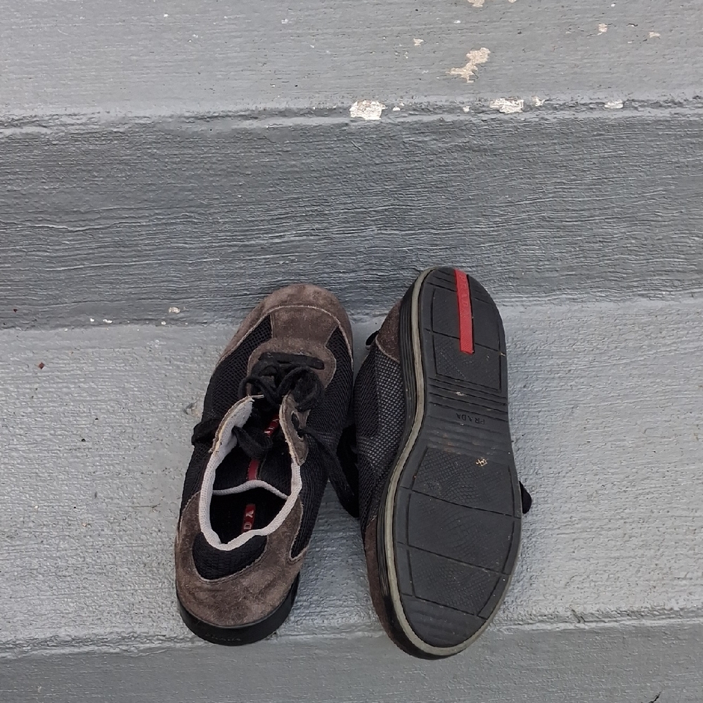 Prada Linea Rossa Men's Black and Brown Sneakers with Red Accent
